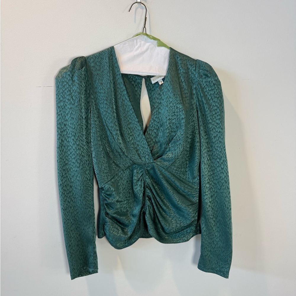 Ronny Kobo Collection Green Blouse with Puff Sleeves and Bib Collar
